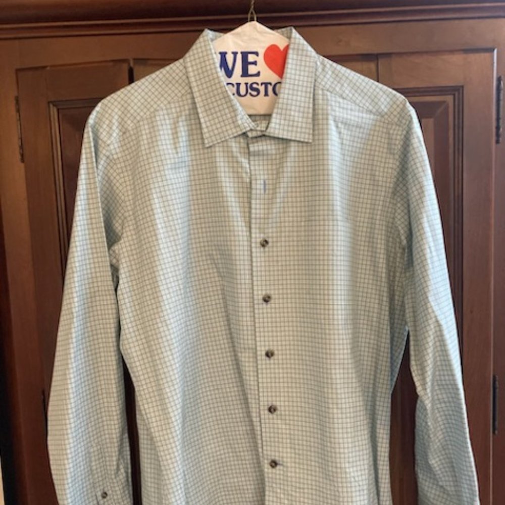 David Donohue Men's dress shirt, XL, Light blue, light green and white
